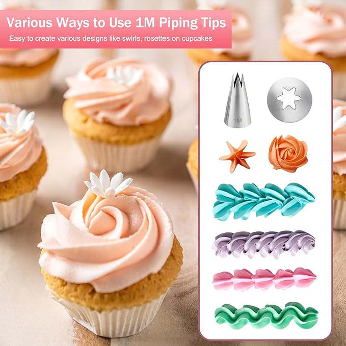 3 Pieces Large 1M Piping Tips, Piping Bags and Tips Set with 20 Disposable Piping Bags for Cake Decorating, Stainless Steel Open Star Piping Tips with Pastry Bags for Cupcakes Icing Frosting