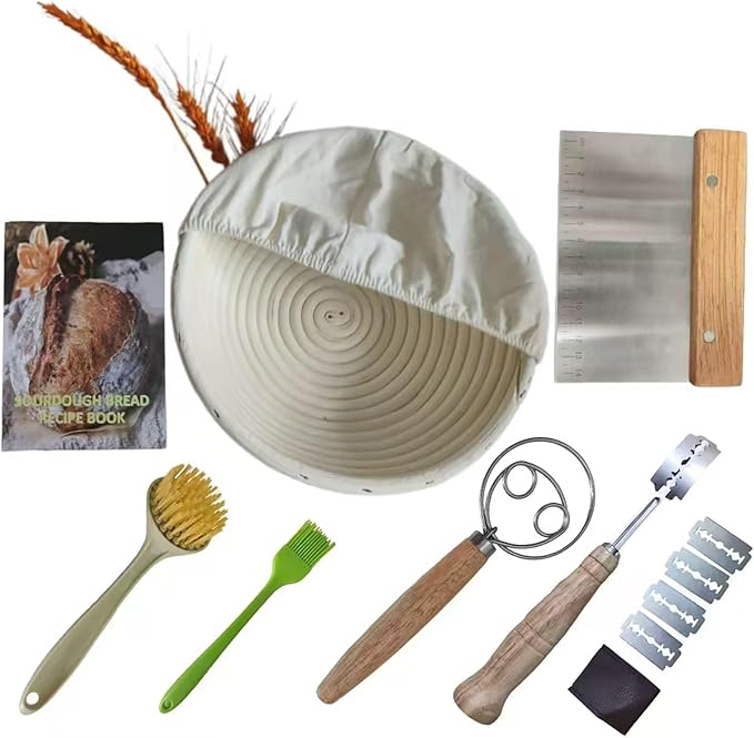 Banneton Bread Proofing Basket Sourdough Bread Baking Supplies, Sourdough Starter Kit with 9" Round, Bread Making Supplies Tools, Bread Lame, Sling, Spatula, Scraper, Dough Whisk