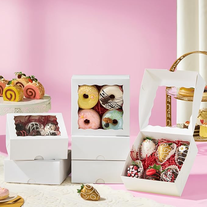 RomanticBaking 54PCS 6"x6"x2.5" Bakery Boxes with Window for Strawberry, Small Cake, Macaron, Pie,Truffle Chocolate & More