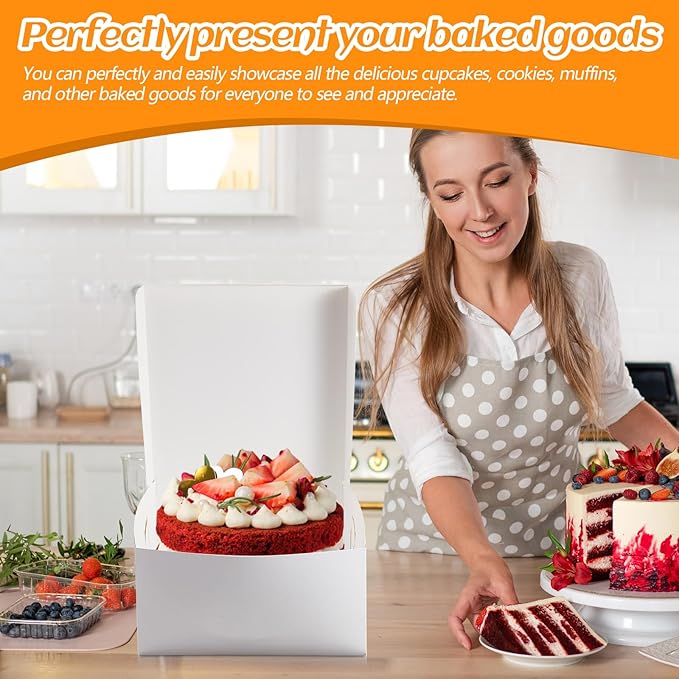 Ireer 50 Pack 12 x 12 x 5 Inch White Cake Boxes Cardboard Bakery Boxes for Pie Pastry Cookie