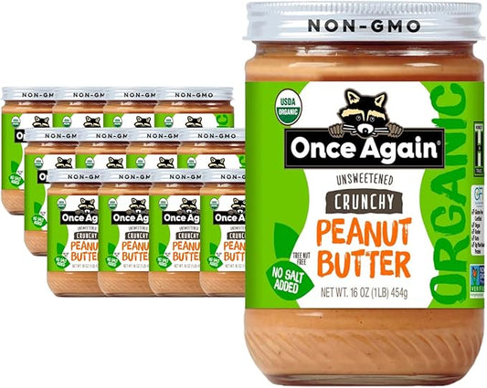 Once Again Organic Crunchy Peanut Butter, 16oz - Salt Free, Unsweetened - USDA Organic, Gluten Free Certified, Vegan, Kosher - Glass Jar - Case of 12