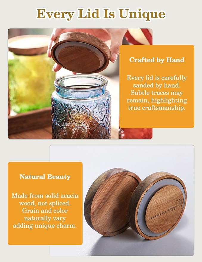 Glass Jar with Airtight Wood Lid – 24 OZ Kitchen Pantry Bathroom Storage Canister, Decorative Vintage Container for Candy, Salt, Coffee, Cookie, Cereal, Nuts, Oats, Flour, Sugar, Tea, Green Sunflower