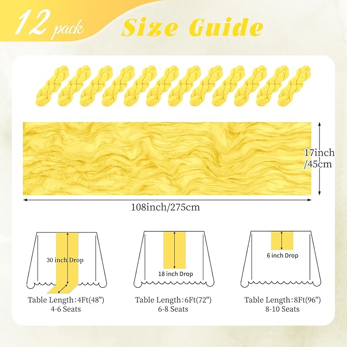 12 Pack Lemon Yellow Cheesecloth Table Runner 17x108 Inch Semi Sheer Boho Gauze Cheese Cloth Fabric Table Runners, for Wedding Party Baby Shower Birthday Home Decor Garden Farmhouse