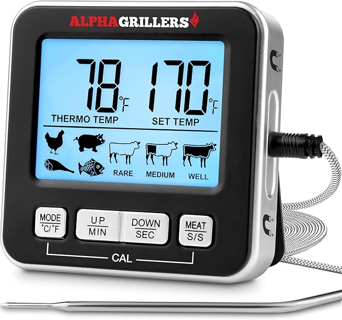 Alpha Grillers Turkey Thermometer Oven Safe Leave in - Digital Meat Thermometer Probe - Large Display with 7 Preset Temp Alerts, Timer & Alarm