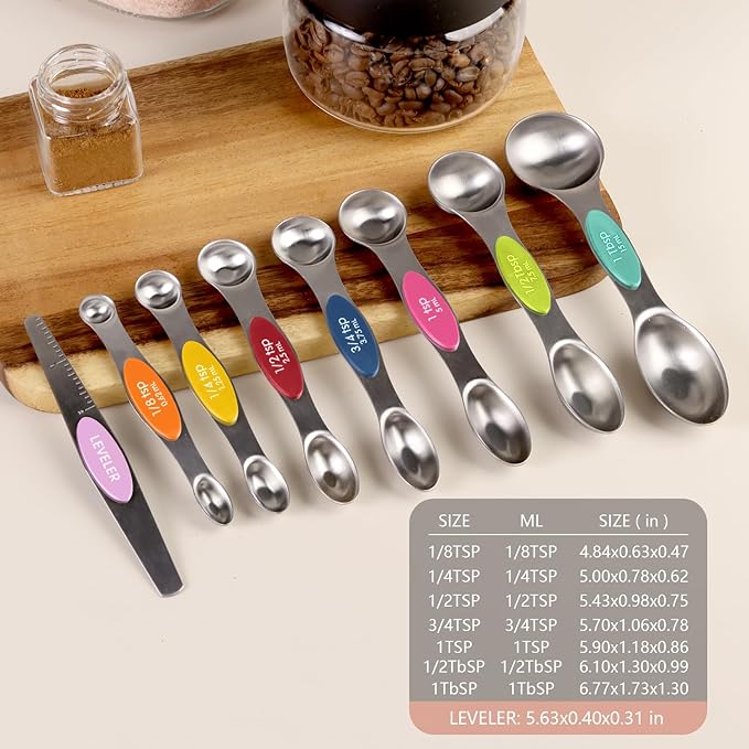 Pack of 8 Stainless Steel Magnetic Measuring Spoons Set, Dual Sided, Stackable, Adjustable Teaspoon and Tablespoon Measure Spoon with Leveler, Kitchen Gadgets