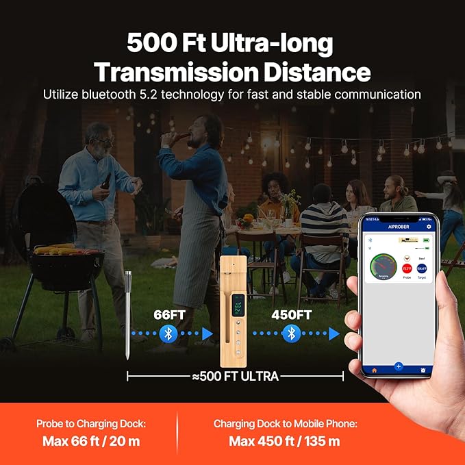 VEVOR Wireless Meat Thermometer, 500 ft Range Wireless Bluetooth Meat Thermometer, Digital Cooking Food, Waterproof Smart Meat Probe with One Probe, for Grilling, Smoker, BBQ & Oven