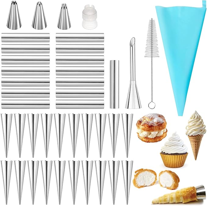 42pcs Cannoli Forms Tubes Kit With Piping Bags Reusable,Non-stick Stainless Steel 20pcs Cone Shaped and 15pcs Tubular Shaped Baking Molds for Danish Pastry Lady Lock Form Cream Roll Croissant