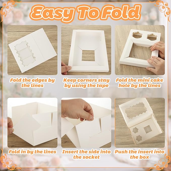 QTLCOHD 10 Packs 2+1 Cupcake Box with Window, 1 Small Cake and 2 Cupcakes Bento Cake Box with Insert and Stickers for Family Birthday Party Mother's day