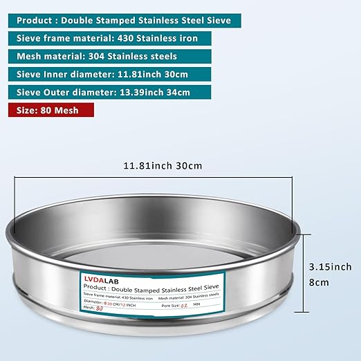 304 Stainless Steel Lab Sieve Screen Mesh, 80 Mesh (0.2mm) Aperture Test Sieve, 12Inch(30cm) Diameter Economy Standard Analysis Sample Test Sieves for Industrial Laboratory Homes