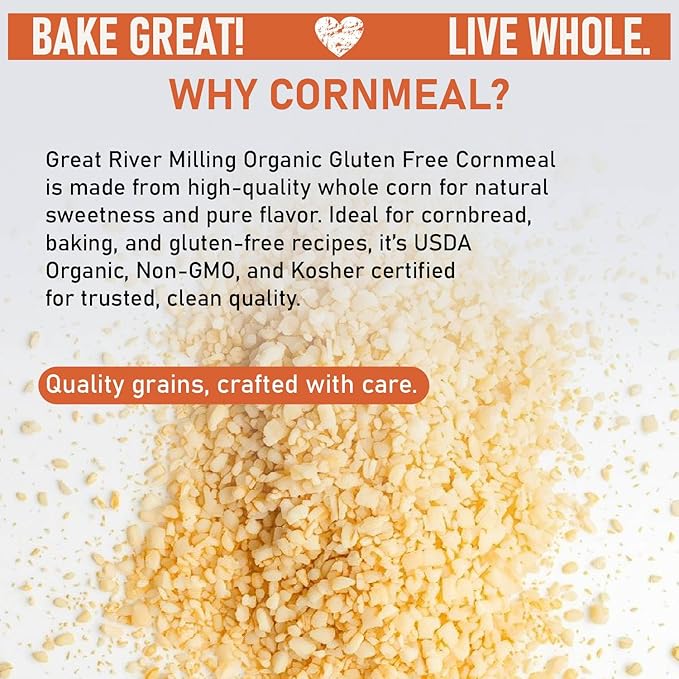 Great River Milling Organic Medium Grind Cornmeal | USDA Organic, Gluten Free, Non-GMO, Kosher | Hearty Texture for Cornbread, Polenta, Muffins, Pancakes & Baking | 5 Lb