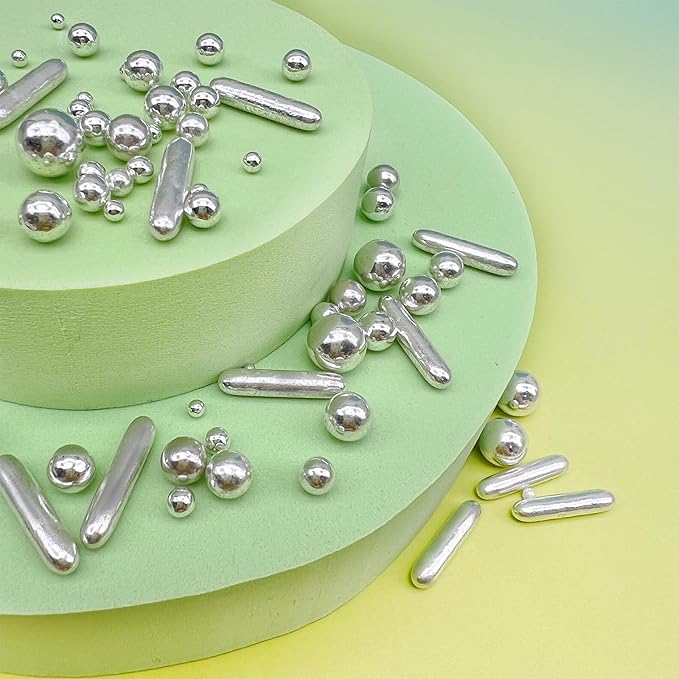Sliver Sprinkles for Cake Decorating, 4.6Oz Silver Rod and Pearl Sprinkles Mix for Baking, Cupcake, Cookie, Ice Cream, Donuts and Cake Decorating