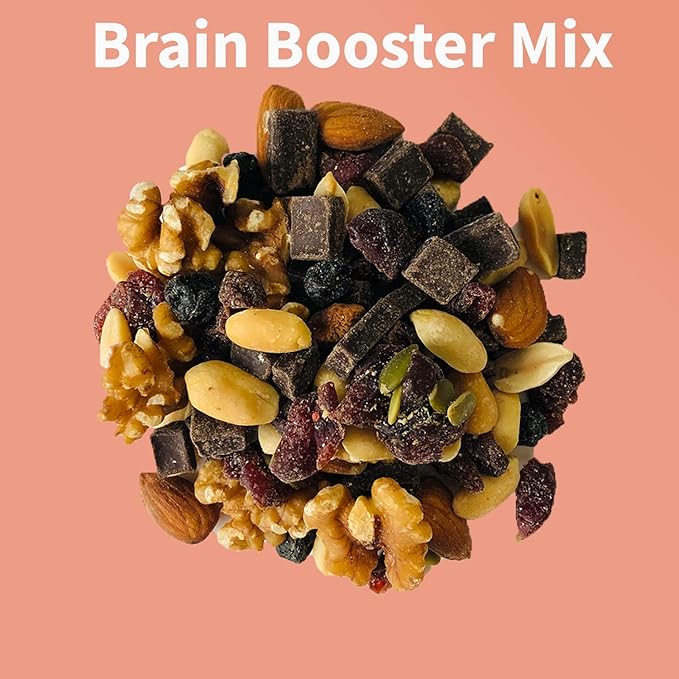Brain Booster Nut Seed and Fruit Mix - walnuts, almonds, peanuts and a touch of sweetness from dried cranberries, blueberries, and chocolate. (1.75 pound bag)