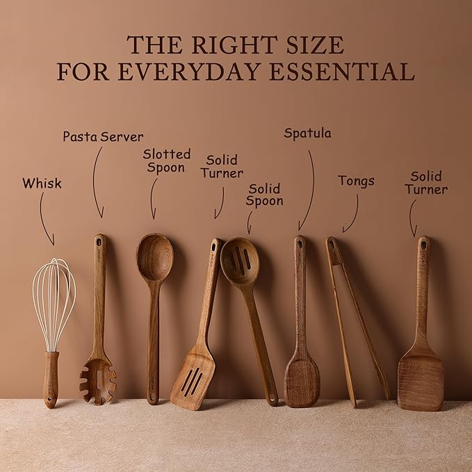 CAROTE Wooden Kitchen Utensils Set, Acacia Wood 8pcs Cooking Utensil Set for Nonstick Cookware, Long-lasting Wooden Spoons for Cooking, Spatula, Turner