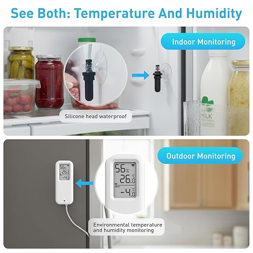 Daytech Freezer Thermometer with Room Thermometer and Freezer Alarm 2in1 WiFi Temperature Sensor with App and Email Alerts for Fridge Fish Tank Pet Cage Wine Cellar Greenhouse 1 Pack (No Hub Required)