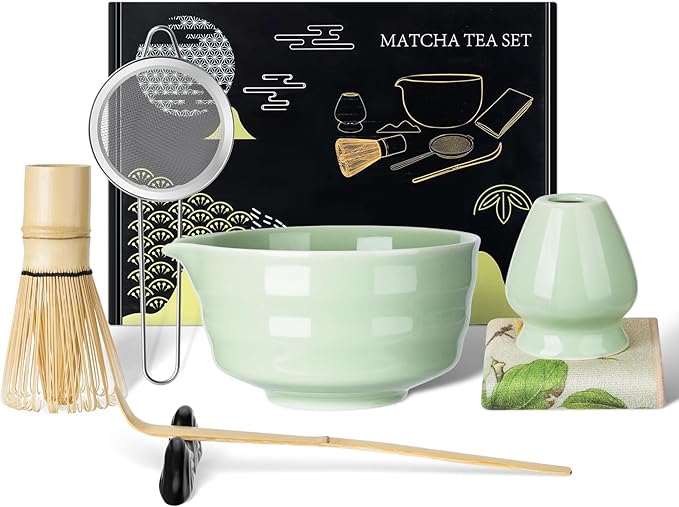 Fantasyon 7 Pcs Matcha Whisk Set Matcha Kit, Includes Bowl with Spout, Bamboo Whisk, Holder, Spoon, Sifter, Stand and Tea Towel for Ceremony Tea Lovers Family Friend Christmas Birthday Gift