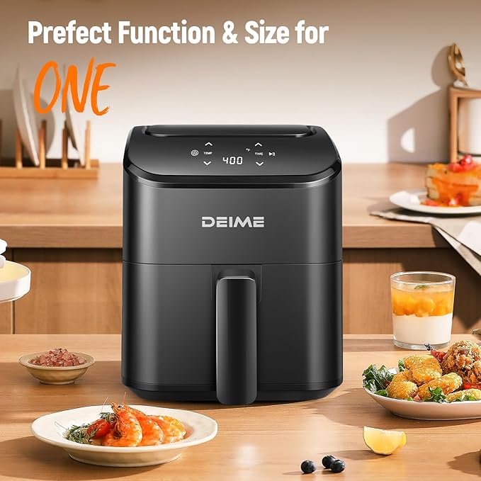 DEIME Air Fryer 3 Qt, Small Airfryer Digital Space Saving Compact, Bake, Reheat, Roasts for Quick Easy Meals, Mini Compact & Quiet, Nonstick & Dishwasher Safe Basket (Black+TR)