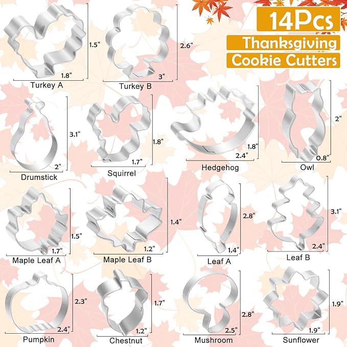 14-Piece Thanksgiving Cookie Cutter Set - Classic Thanksgiving Patterns, Food-Grade Stainless Steel, Easy Demold & Perfect for Holiday Baking