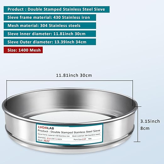 304 Stainless Steel Lab Sieve Screen Mesh, 1400 Mesh(0.01mm) Aperture Test Sieve, 12Inch(30cm) Diameter Economy Standard Analysis Sample Test Sieves for Industrial Laboratory Homes
