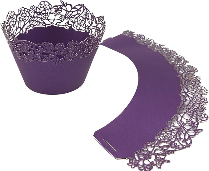 Cupcake Wrappers Pack of 50 Purple Filigree Artistic Bake Cake Paper Cups Little Vine Lace Laser Cut Liner Baking Cup Muffin Case Trays for Wedding Party Birthday Decoration -By KEIVA