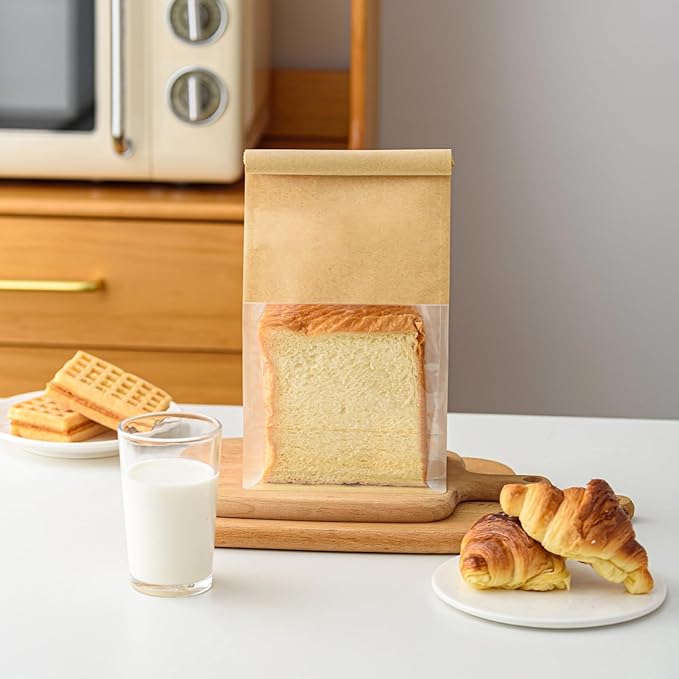 50 Pcs 5.1 Inch Brown Kraft Paper Bread Bags with Tin Tie, Small Homemade Bread Packing Bag, Thickened Storage Bagel Bag with Clear Window for Sourdough, Baked