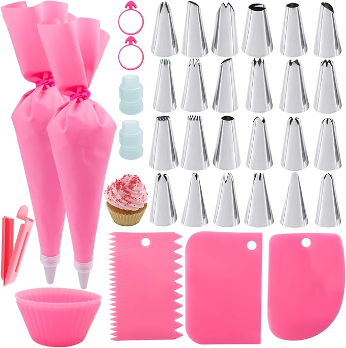 36Pcs Pink Piping Bags & Tips Set,24 Stainless Steel Nozzle Icing Tips With 2 Reusable Silicone Pastry Bag,Icing Smoother,Silicone Baking Cups,2Couplers Cake Decorating Tools Kit For Baking Decorating