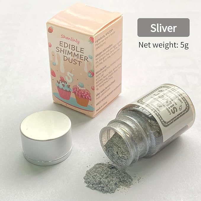 Shanlinly Silver Edible Luster Dust - 5 Grams Food Grade Cake Dust Shimmer Powdered, Edible Metallic Powder Food Coloring for Cake Decorating, Chocolates, Fondant, Drinks, Painting & More, Vegan