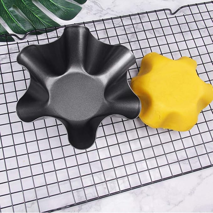 Tortilla Pan Set - 6 Pack Carbon Steel Non-Stick Taco Salad Bowl Tortilla Shell Maker Black Baking Pans with a Silicone Potholder and a Basting Brush (Small)