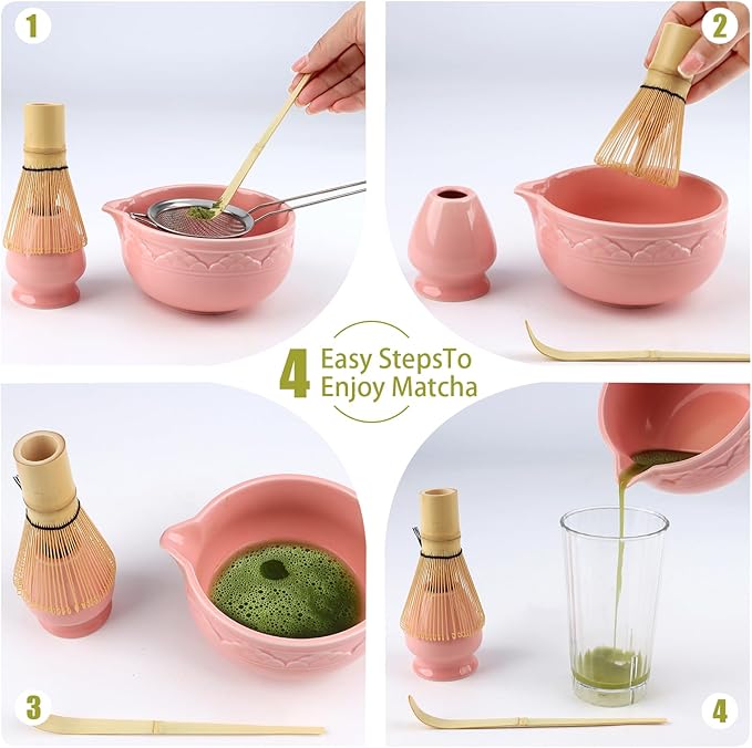 5Pcs Ceramic Matcha Set Pink, Matcha Whisk Set, Tea Set Includes Matcha Bowl 560ml/18.9oz, Matcha Whisk and Holder, Sifter, Bamboo Tascoop