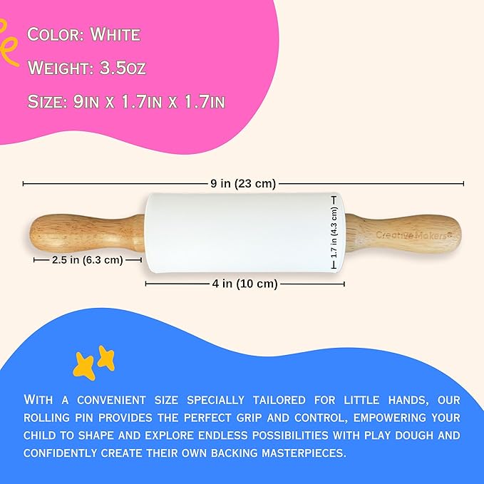 Small Rolling Pin for Kids, Non-Stick Silicone Surface with Wooden Handles for Play Dough and Baking Rolling Pin (9in, White)