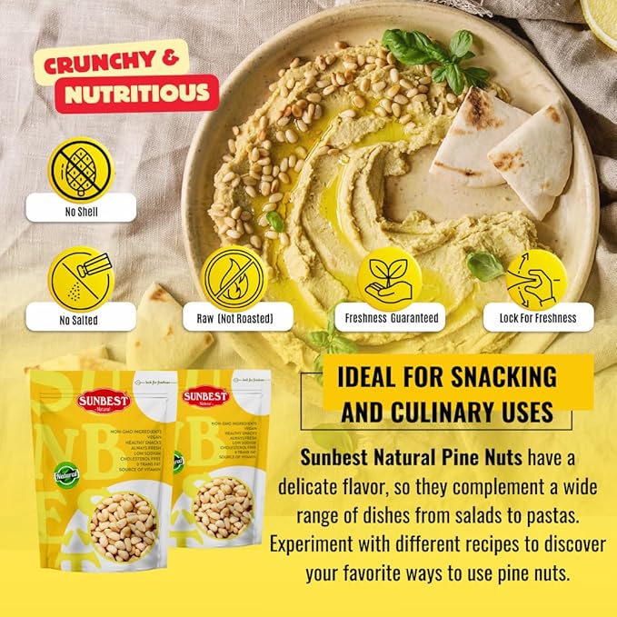Sunbest Natural Raw Pine Nuts (Pignolia) – 2 lb Bag (32 oz) – Unsalted Nuts, Crunchy & Fresh – Non-GMO, Kosher, Gluten-Free – Great for Snacking, Topping & Baking – Perfect Pine Nuts for Pesto