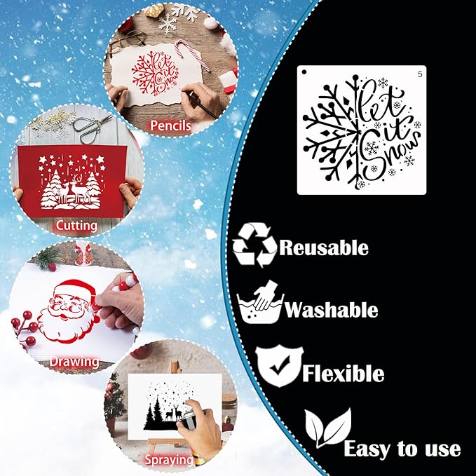 16 Pcs Christmas Stencils Reusable Winter Holiday Template Christmas Stencil for Painting on Wood DIY Crafts Canvas Window Fabric Doormat (16 Christmas 6in)