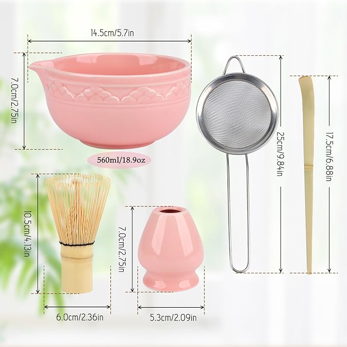 5Pcs Ceramic Matcha Set Pink, Matcha Whisk Set, Tea Set Includes Matcha Bowl 560ml/18.9oz, Matcha Whisk and Holder, Sifter, Bamboo Tascoop