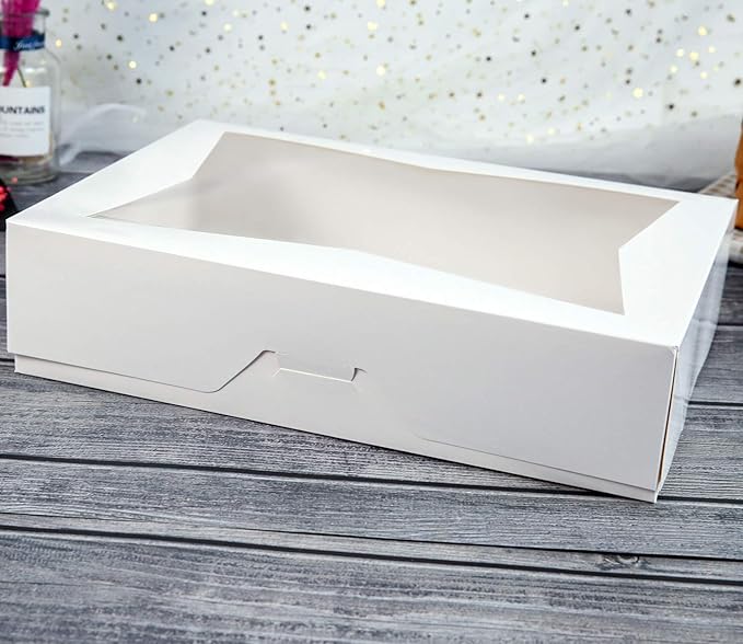 ONE MORE [15-Pack] 14 x10 x 3inch White Lock Corner Window Bakery Cookie Boxes, Large Paperboard Container with PVC Windows for Pie
