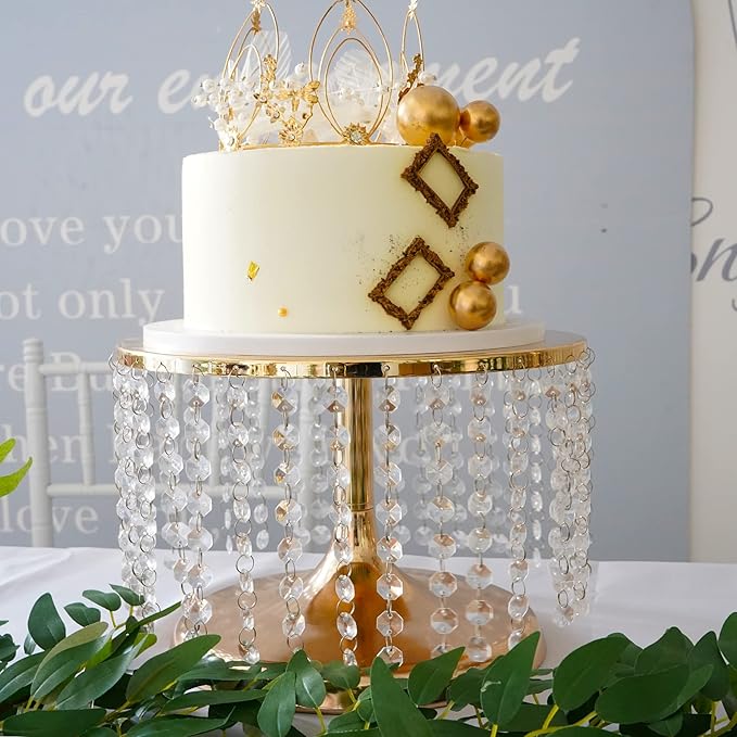 LANLONG Cake Stand for Dessert Table 12 Inch Gold Crystal Pendants Metal Cake Stand Serves as A Round Dessert Cupcake Display Plate for Table, Wedding, Party, Event