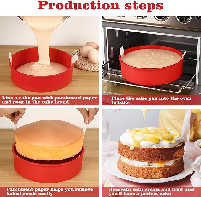 HUAKENER 6 Inch Round Cake Pan, 3 Pack Silicone Cake Molds with 100 Pieces Parchment Paper, Nonstick Cake Molds for Smash Cakes, Layer Cakes, Cheese Caks, Chocolate Cakes