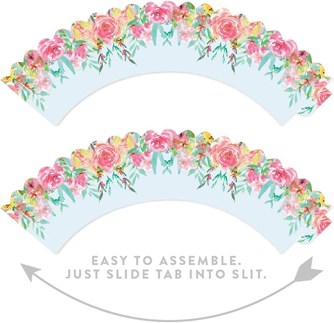 Andaz Press Cupcake Wrapper Decorations - Tea Party Pink Roses on Baby Blue, 24-Pack for Girls' 1st Birthday or Bridal Shower