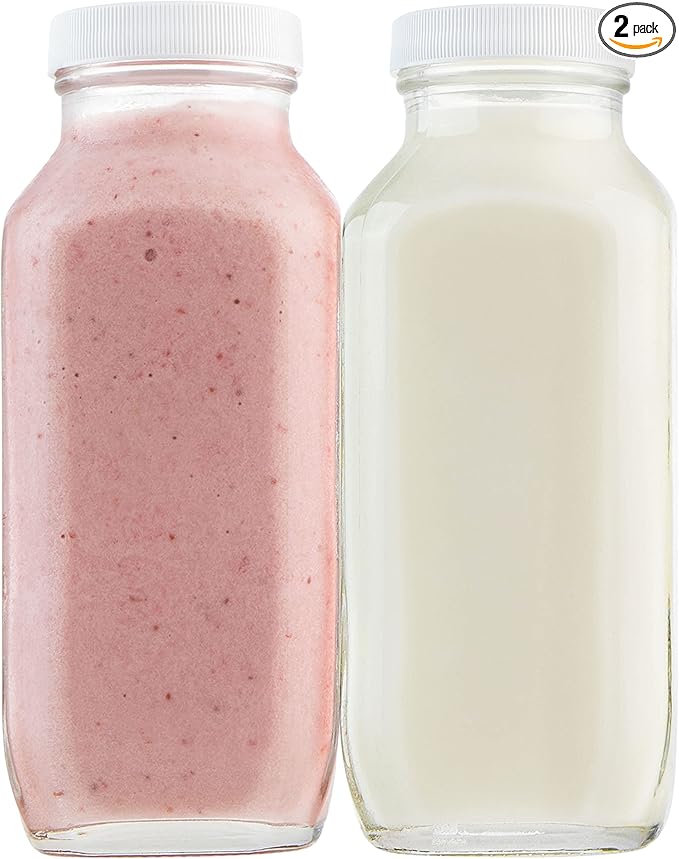 kitchentoolz 16oz Square Glass Milk Bottle with Lid - Airtight Vintage Reusable Dairy Drinking Jars Containers for Milk, Yogurt, Smoothies, Juice, Kefir, & Water -2 Pack 16 oz Glass Bottles with Lids