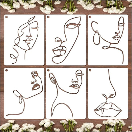 6 Pieces Lady Line Face Cake Stencils Women Theme Stencils for Painting on Canvas Female Face Cake Stencils for Decorating Cake (Women face)