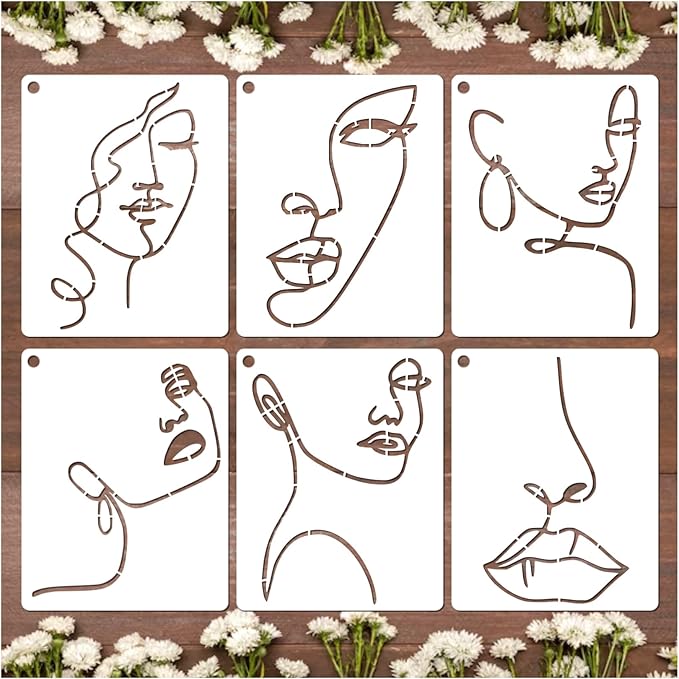 6 Pieces Lady Line Face Cake Stencils Women Theme Stencils for Painting on Canvas Female Face Cake Stencils for Decorating Cake (Women face)