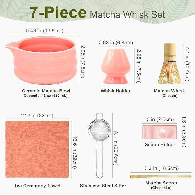 Matcha Whisk Set, 7Pcs Matcha Set - Matcha Bowl with Spout, Handcrafted Bamboo Whisk Chasen & Ceramic Holder, Steel Sifter, Towel, Matcha Kit for Tea Lovers, Timeless Ideal Gift (Pink)