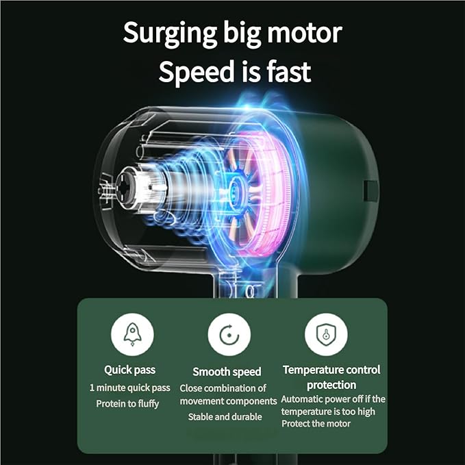 Wireless Handheld Mixer with 3-Speed Settings | Portable Electric Egg Beater for Kitchen, Baking & Outdoor Use, Emerald Green
