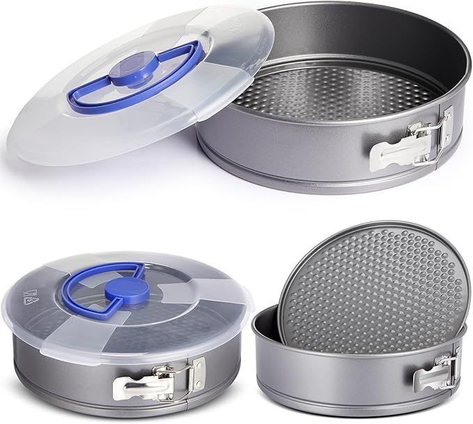 2 Pcs Springform Cheesecake Pan with Lid and Removed Bottom 9 Inch gray Non Stick Round Cake Pan Travel Friendly Carbon Steel Bakeware for Pie Cake Pizza