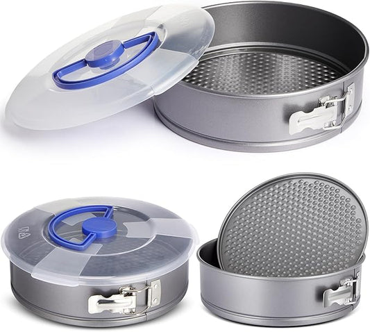 2 Pcs Springform Cheesecake Pan with Lid and Removed Bottom 9 Inch gray Non Stick Round Cake Pan Travel Friendly Carbon Steel Bakeware for Pie Cake Pizza