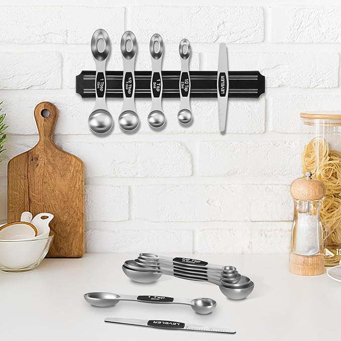 Magnetic Measuring Spoons Set - Wildone Stainless Steel Double Sided Measuring Spoons Set of 7 Black, for Dry & Liquid Ingredients, Including 6 Heavy Duty Nesting Spoons, 1 Leveler, Fits in Spice Jar