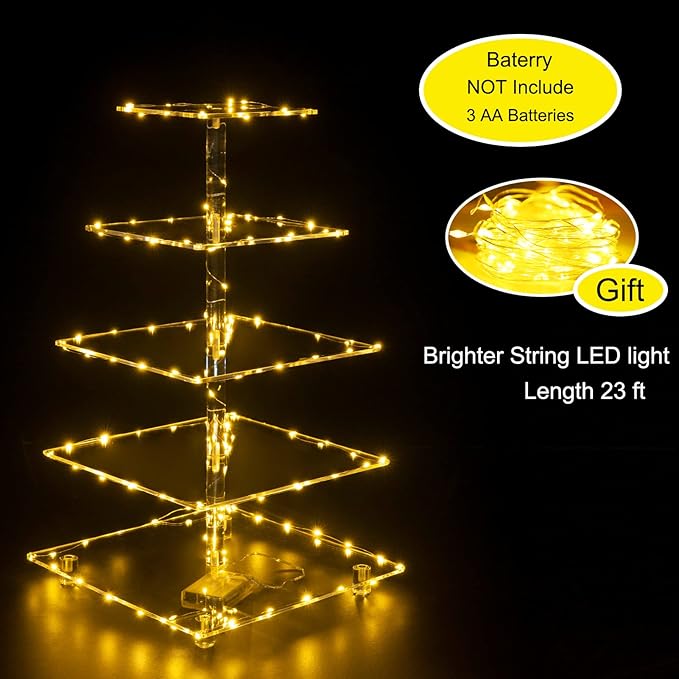 Cupcake Stand, Elegant Cupcake Holder with Brighter Yellow LED String Light, Clear 5-Tier Square Acrylic Cupcake Tower for Wedding, Birthday, Baby Shower, Party (Yellow light)