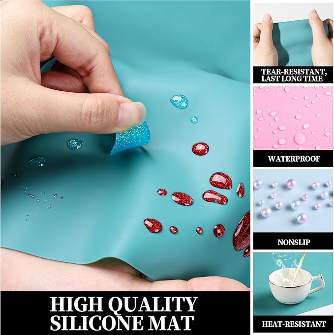 LEOBRO Silicone Mat for Crafts, 3 PCS 23.4” x 15.6” Large Silicone Mats, Play Dough Mat, Craft Mats for Resin Molds, Clay, Jewelry Making, Sculpture Casting, Pastel Pink & Dark Green & Pastel Blue