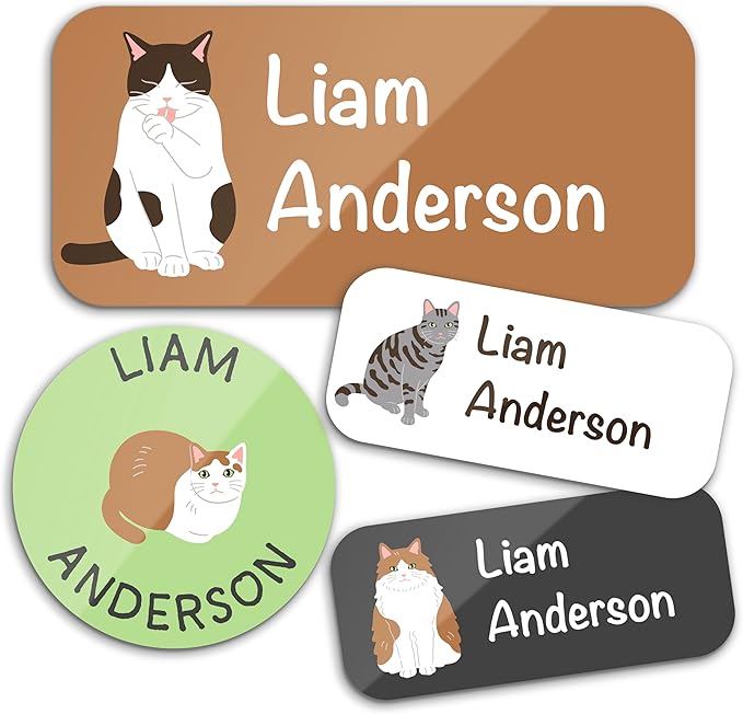 Personalized Waterproof Name Labels for Kids | Optional Packs 50, 150, 230 Labels | Custom Name Stickers for Kids' Clothing Tag, Water Bottle, Lunch Box, Customize Kid Name Label for Daycare Cats