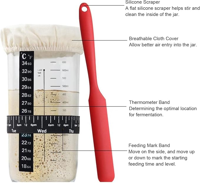 Sourdough Bread Starter Kit, Glass Jar with Markings and Thermometer for Ideal Yeast Fermentation, Bread Making Supplies for Home Bakers, 1000ml, 34oz