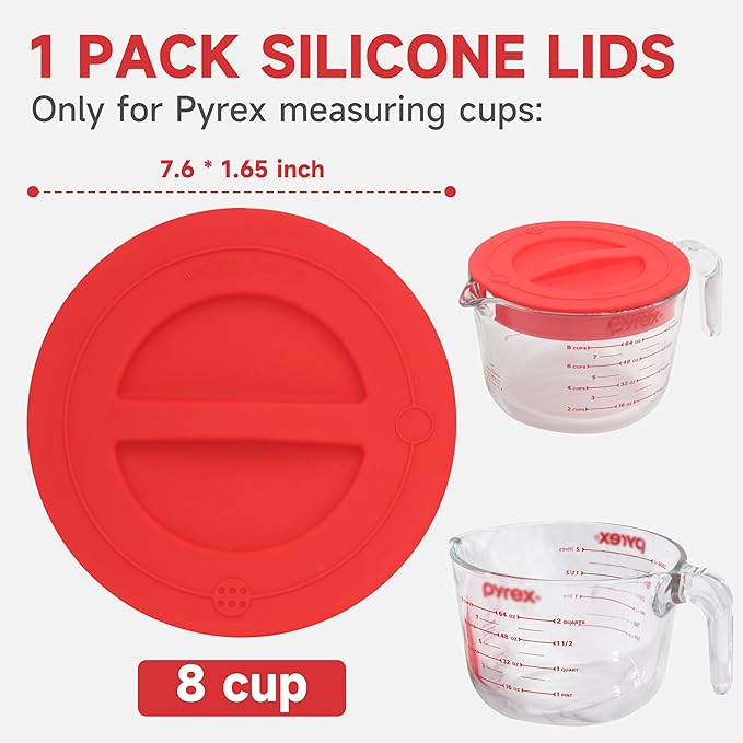 1 Pack Silicone Replacement Lids, Only Fit For Pyrex 8-Cup Tempered Glass Liquid Measuring Cups, Reusable & Food-Grade Silicone, Dishwasher & Microwave Safe (Cups not Included)