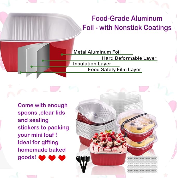 10oz Mini Cake Pans With Lids 50 Pack Aluminum Foil Square Brownie Baking Cups,4”x4” Disposable Loaf Pans With Lids and Spoons Stickers,Large Cupcake Pans Muffin Cake Tins Cake Container(Red)